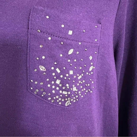 Quacker Factory Eggplant Purple Blouse Large Rhinestones Pocket Embellished Knit - Picture 3 of 6